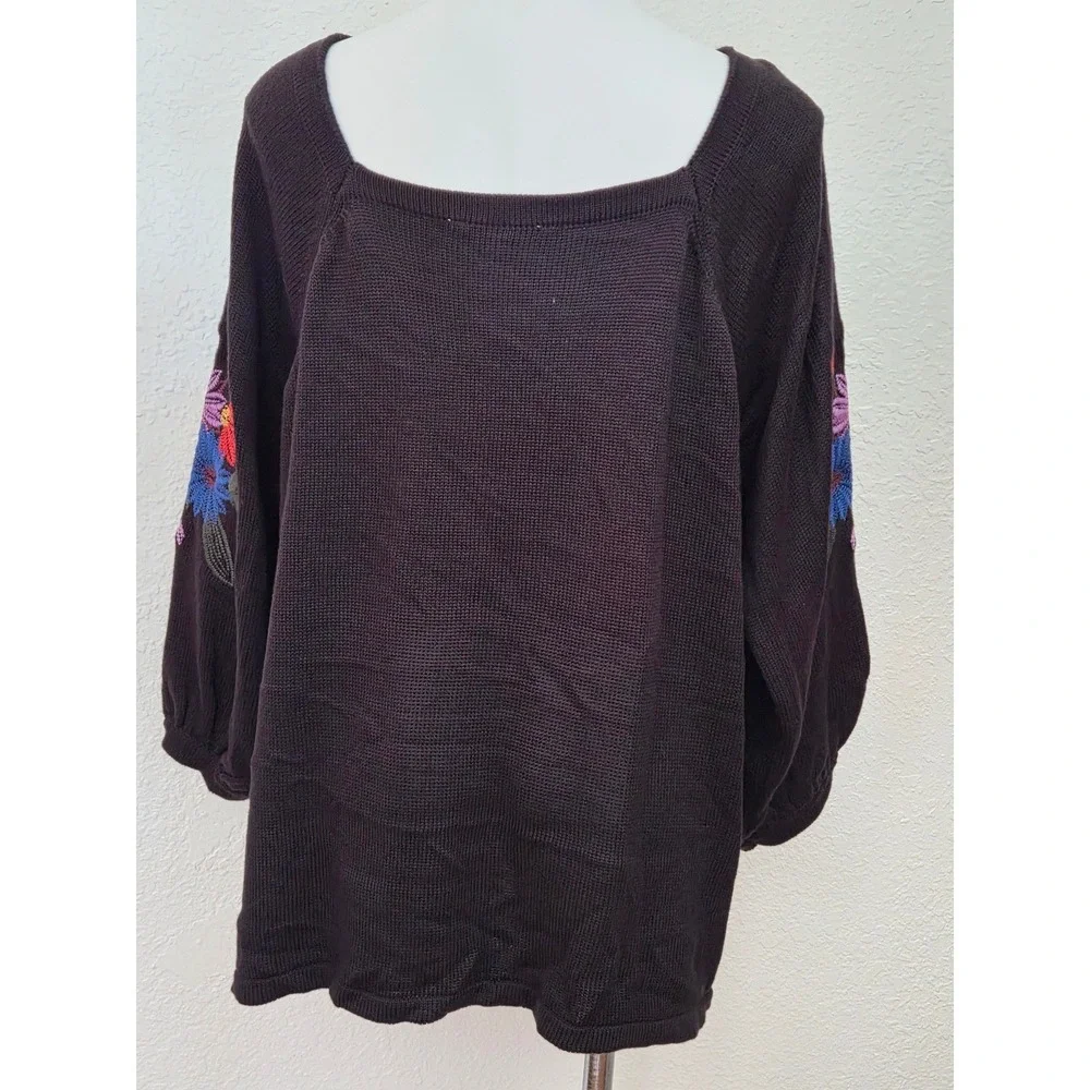 Pioneer Woman Black Floral Embroidered Square‎ Neck Sweater 2X TPW23S44003S